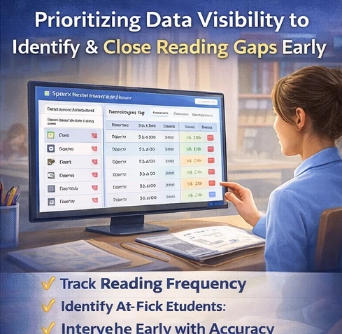 Teacher reviewing student reading engagement data to identify reading patterns and support needs.
