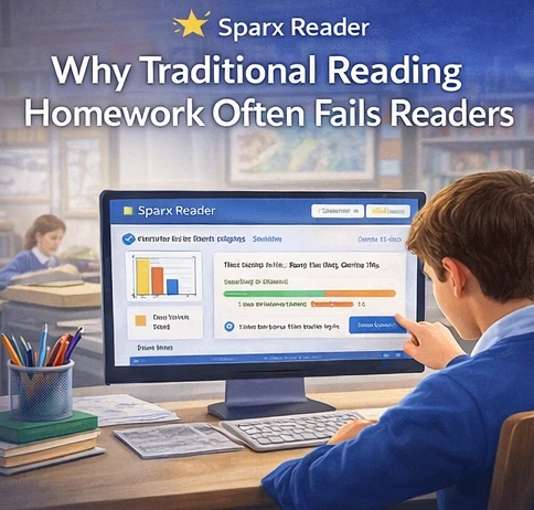 Student completing independent reading using a structured digital reading platform with visible reading time and progress.